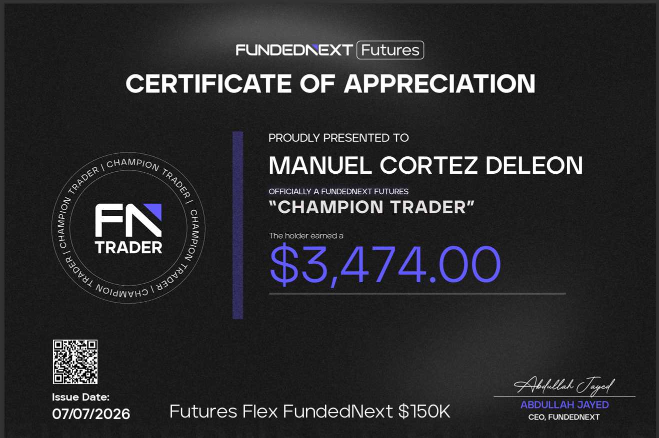 Certificado FundedNext Futures Champion Trader de Manuel Cortez Deleon